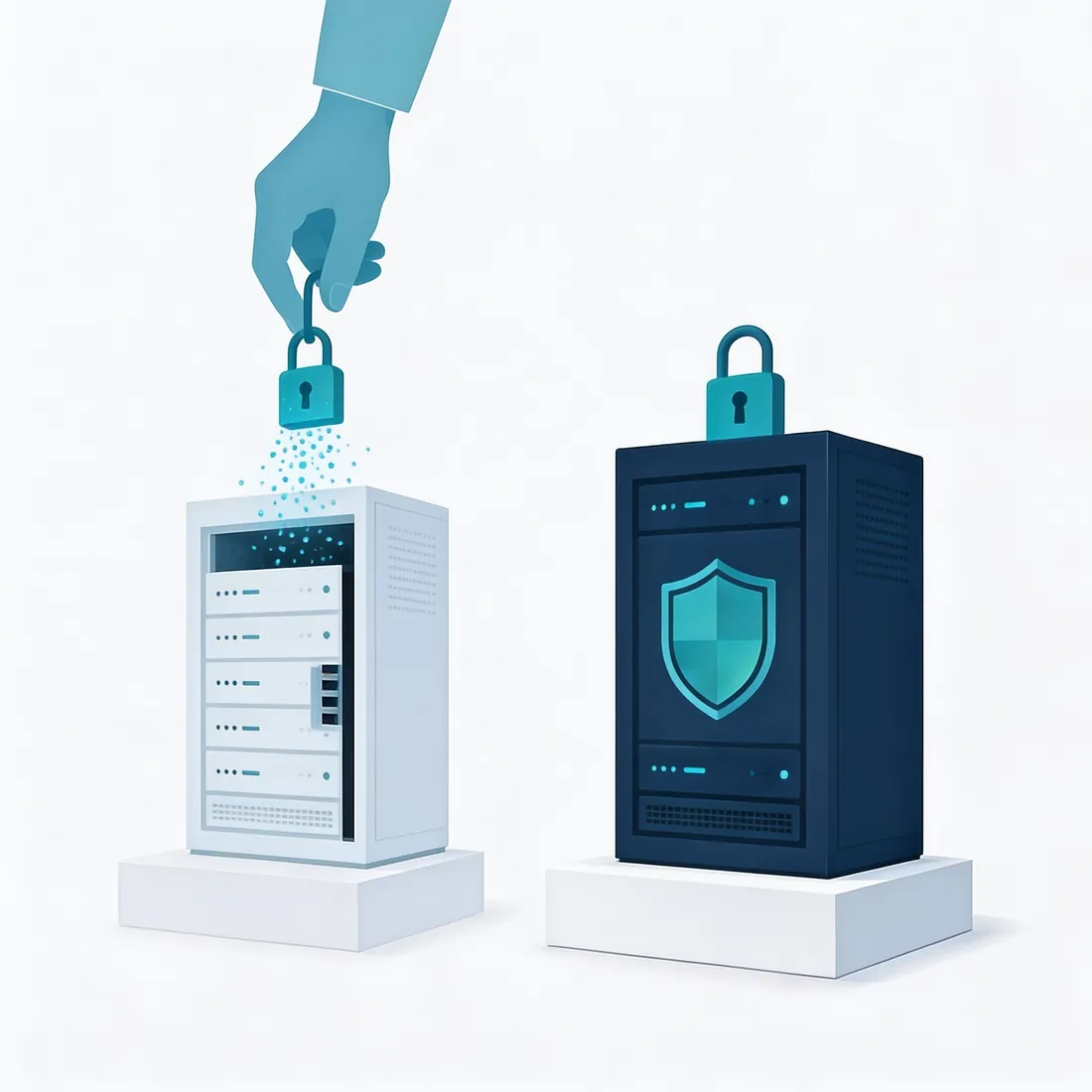 Zwei Server im Vergleich: aus dem linken zieht eine Hand von außen Daten heraus (offenes Schloss), der rechte ist geschützt (geschlossenes Schloss, Schild).